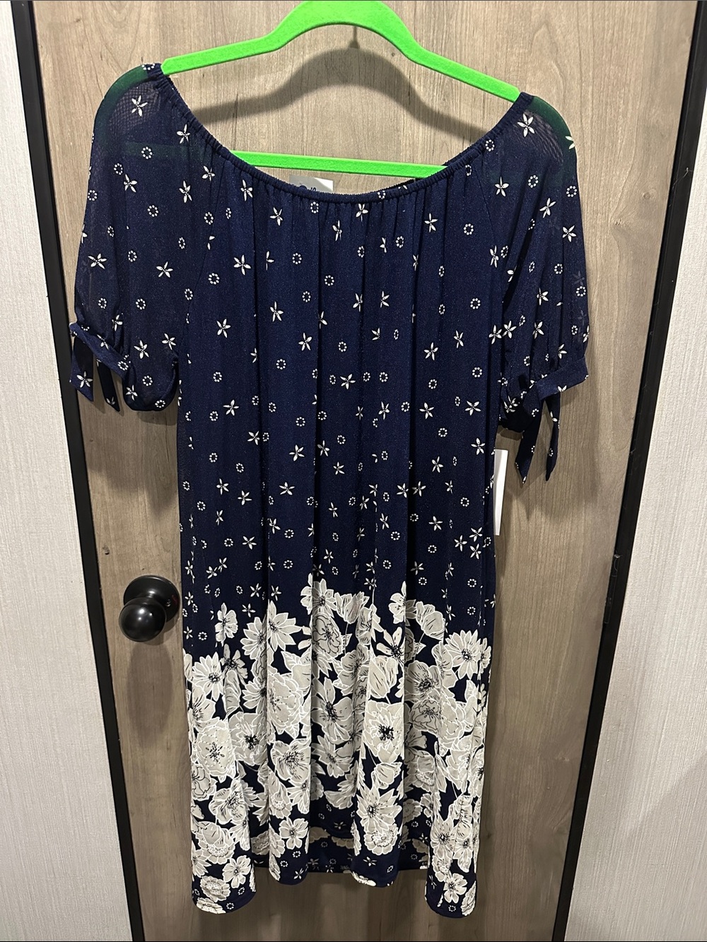 Sirenlily Navy Blue Floral Border Print Puff Sleeve Dress Size M NWT